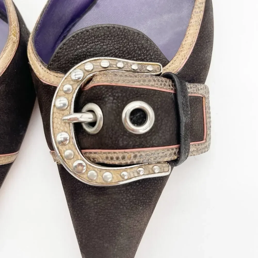 Prada Vintage Dark Brown Camel Nubuck Leather Buckle D'Orsay Pumps Heels IT 39.5